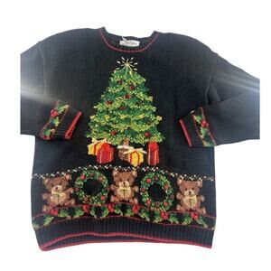 Vintage Casual Corner Christmas Sweater Womens Medium Blue Hand Knitted Bears